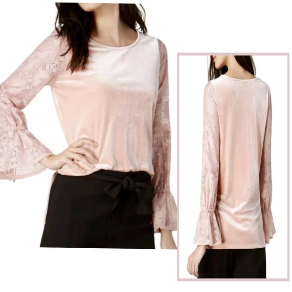 NWT Kensie Velvet dusty rose top lace bell sleeves - Picture 2 of 3
